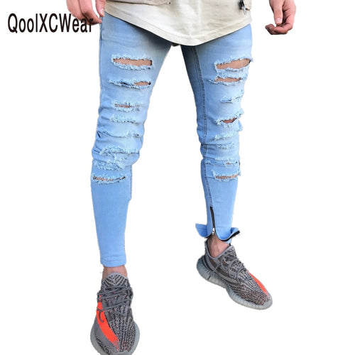 QoolXCWear new Jeans Hole Jogger Skinny Jeans Men Biker Jeans Pencil Pant Mens Zipper Ripped Jeans  Men