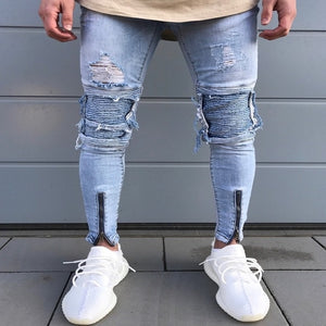 QoolXCWear new Jeans Hole Jogger Skinny Jeans Men Biker Jeans Pencil Pant Mens Zipper Ripped Jeans  Men