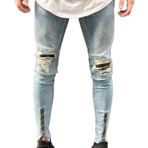 QoolXCWear new Jeans Hole Jogger Skinny Jeans Men Biker Jeans Pencil Pant Mens Zipper Ripped Jeans  Men