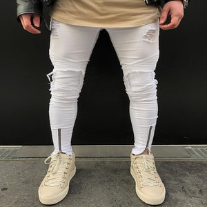 QoolXCWear new Jeans Hole Jogger Skinny Jeans Men Biker Jeans Pencil Pant Mens Zipper Ripped Jeans  Men