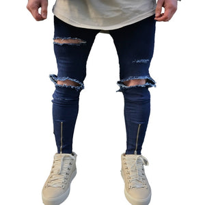 QoolXCWear new Jeans Hole Jogger Skinny Jeans Men Biker Jeans Pencil Pant Mens Zipper Ripped Jeans  Men