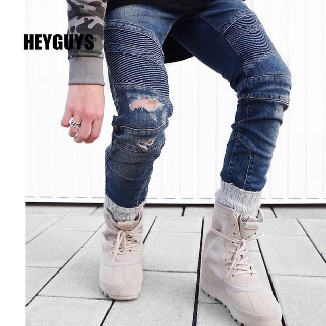 HEYGUYS 2018 Mens  jeans men  high street slim elastic jeans denim Biker jeans hiphop pants Washed black jeans  men blue