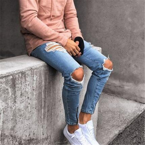 new Jeans Hole Jogger Skinny Jeans Men Biker Jeans Pencil Pant Mens Zipper Ripped Jeans Men