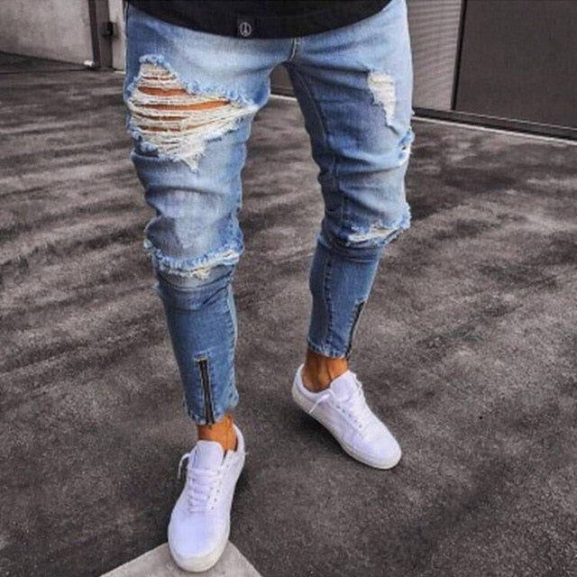 new Jeans Hole Jogger Skinny Jeans Men Biker Jeans Pencil Pant Mens Zipper Ripped Jeans Men