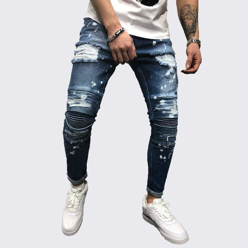 2018 Fashion Men Ripped Holes Jeans Men Designer Men Jeans Hip Hop Pleated Skinny Jeans Men Streetwear Blue Jean Homme