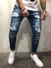 Load image into Gallery viewer, Moomphya Distressed ripped holes jeans men Brand designer men jeans Hip hop pleated skinny jeans men Streetwear blue jean homme