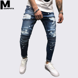 Moomphya Distressed ripped holes jeans men Brand designer men jeans Hip hop pleated skinny jeans men Streetwear blue jean homme